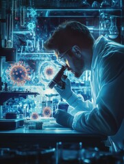Leinwandbilder - Scientist examines magnified virus structure in modern laboratory with glowing details and advanced equipment