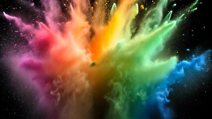 Poster - Explosion of vibrant colorful powder paint creating a dynamic and energetic abstract cloud against a dark background