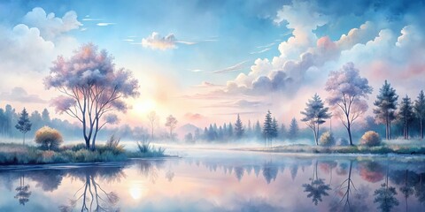 Wall Mural - serene lakeside dawn pastel hues paint a tranquil landscape of misty trees and calm waters reflectin