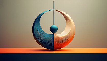 Aufkleber - Abstract sculpture featuring circular forms and a central sphere, set against a gradient background with warm and cool tones