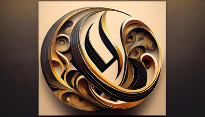 Aufkleber - Abstract circular design featuring flowing lines and intricate patterns in black, white, and gold tones