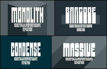 Fototapete - Tall geometric vector fonts set, bold and massive condensed alphabet typefaces, strong and heavy typeset collection, useful for logo creation, urban letters set.
