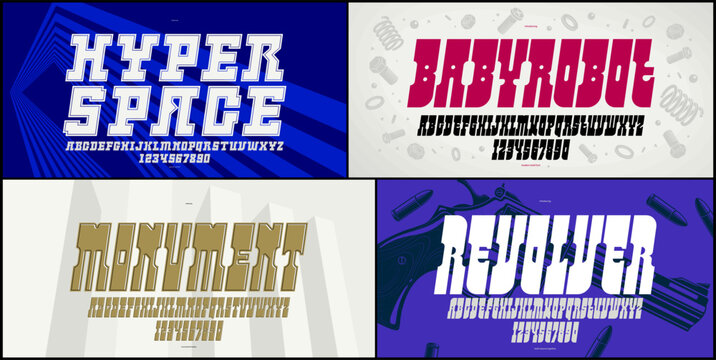 Brutal geometric vector fonts set, bold and massive alphabet typefaces, strong and heavy typeset collection, useful for logo creation, urban letters set.