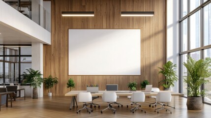 Poster - blackboards and whiteboards classroom, laboratory, and office meeting room settings. Modern Office Interior Design with Wooden Wall and Large Blank Canvas