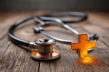 Aufkleber - Orange stethoscope and illuminated wooden cross on rustic wood, symbolizing healthcare and faith,  medical concept