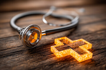 Aufkleber - Stethoscope and illuminated medical cross on dark wood background, showcasing healthcare concept, medical services, or health insurance