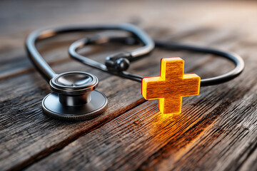 Aufkleber - Stethoscope and illuminated wooden cross on rustic wood surface, symbolizing healthcare and medical services, perfect for medical or health-related concepts