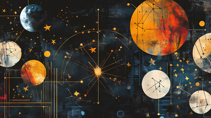 Wall Mural - Abstract collage with celestial patterns, constellations, and vintage paper textures on a dark background. Fading Universe. Illustration