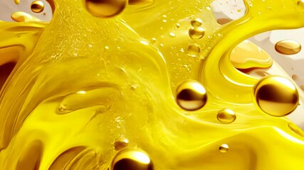 Poster - Golden fluid abstract with small spheres and viscous swirls of shiny yellow liquid creating a modern graphic design element.