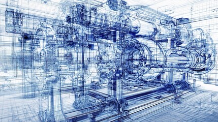 Poster - 3D Industrial Blueprint of Complex Machinery with Double Exposure Effect