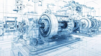 Poster - Industrial Blueprint with Double Exposure 3D Machinery Design