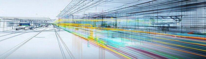 Poster - A vibrant, abstract representation of a bustling transportation hub, featuring dynamic lines and colors that suggest movement and energy.