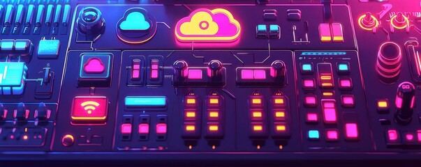 Poster - A vibrant, futuristic control panel with colorful icons, buttons, and lights, suggesting advanced technology and cloud computing.