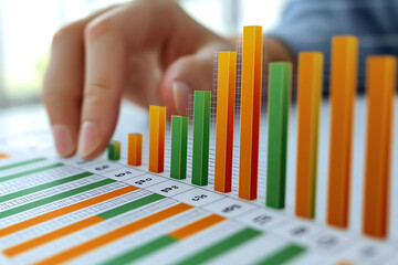Poster - A close-up of a hand analyzing colorful bar graphs, representing financial growth and data analysis in a professional setting.