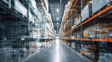 Poster - Double Exposure Digital Warehouse with Blueprint Overlay Design