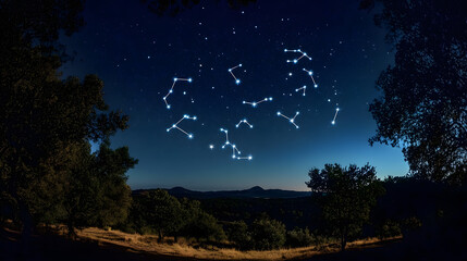 Wall Mural - starry night sky filled with constellations visible over a serene forest landscape during a clear ev