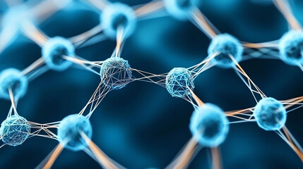 Poster - A close-up view of interconnected blue molecules showcasing the complex structure of scientific research and innovation.