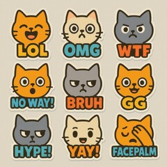 Naklejka na meble Cat emoji stickers with slang expressions on beige background.