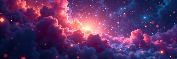ethereal cosmic scene with radiant glowing particles and colorful nebulae, light, space