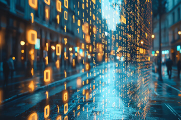 Poster - A digital cityscape featuring binary code overlay on a rainy urban street, showcasing modern technology and innovation.