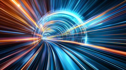 Fototapete - A dynamic, futuristic tunnel of light showcasing motion and speed, illustrating concepts of travel and advanced technology.