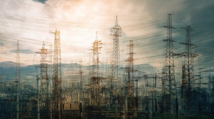 Poster - Abstract Double Exposure Collage of Power Lines and Structures