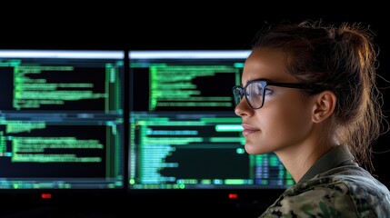 Aufkleber - A focused female soldier analyzes code on multiple screens, showcasing modern cybersecurity and military technology.