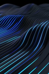 Poster - Futuristic technology-inspired abstract background with smooth 3D waves resembling signal frequencies, radiant cyan highlights over a dark surface, layered motion effects