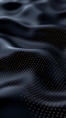 Poster - High-tech digital background with organic 3D wave structures, shimmering particles floating across a deep navy backdrop, minimal yet dynamic motion