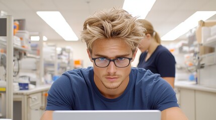 Poster - A focused young man working on a laptop in a modern office environment, showcasing concentration and productivity.