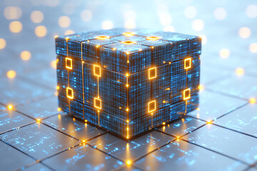 Poster - A futuristic digital cube with glowing patterns, showcasing advanced technology and innovation in a modern environment.