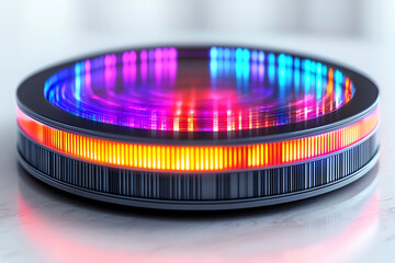Poster - A futuristic illuminated device showcasing vibrant LED colors in a circular design, perfect for modern technology themes.