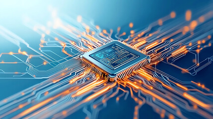 Fototapete - A futuristic microchip with glowing connections, symbolizing advanced technology and innovation in computing.