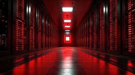 Fototapete - A futuristic server room illuminated in red light, showcasing rows of server racks and a sleek, modern design.
