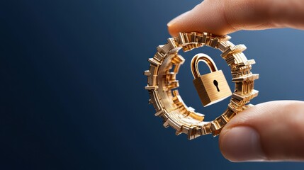Poster - A hand holding a golden gear with a padlock symbolizing security and protection in technology.