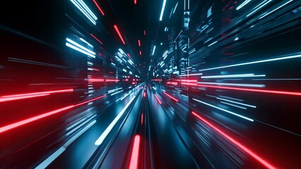 Poster - Dynamic futuristic tunnel with glowing red and blue light streaks conveying high speed, motion and technology, ideal for cyberspace background