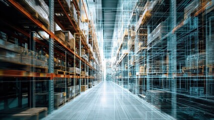 Poster - Digital Blueprint of a Warehouse with Double Exposure Effect