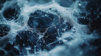 Intricate spider's web with morning dew drops captured in macro shot, perfect for nature graphics and designs with text space