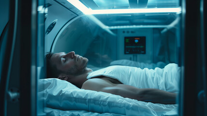 Poster - This Man in cryogenic suspension rests within a futuristic biotech chamber, exploring immortality.