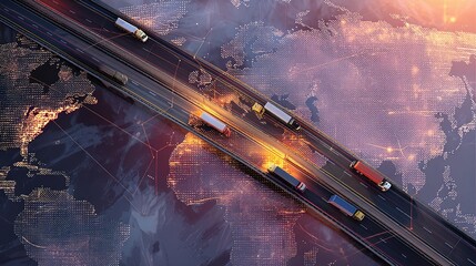 Poster - Double Exposure Overhead View of Highway with Global Connectivity