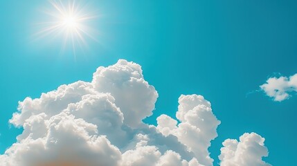 Poster - A picturesque view of fluffy clouds under a bright sun against a vibrant blue sky. Perfect for nature and weather themes.