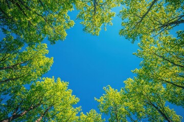 Wall Mural - looking up through green treetops to the clear, blue sky above. use it for natural backgrounds, hope