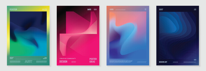 Aufkleber - Modern gradient poster background vector set. Minimalist cover template with vibrant perspective geometric prism shapes in motion. Ideal design for social media, cover, banner, flyer.