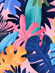 Fototapete - Vibrant tropical backdrop featuring bold palm leaves in neon colors for a modern jungle aesthetic