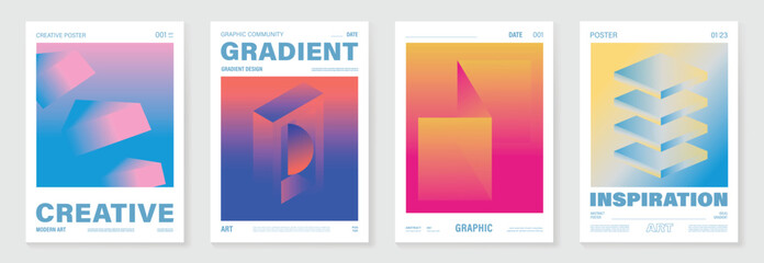 Aufkleber - Modern gradient poster background vector set. Minimalist cover template with vibrant perspective geometric prism shapes in motion. Ideal design for social media, cover, banner, flyer.