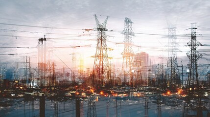 Poster - Abstract Power Collage with Double Exposure of Urban Landscape