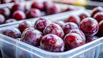 Poster - Fresh plums piled in a container showcasing their rich color and vibrant texture at a local market : Generative AI
