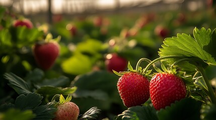 Poster - Vibrant and Juicy Ripe Strawberries Growing in a Lush Green Garden Under Soft Sunlight : Generative AI