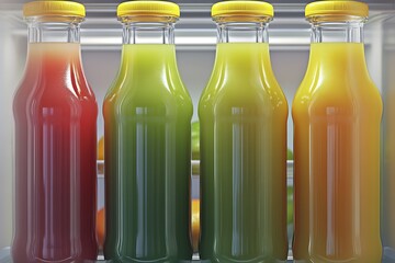 Poster - Colorful assortment of bottled juices with vibrant colors displayed in a modern refrigerator reflecting freshness and health : Generative AI