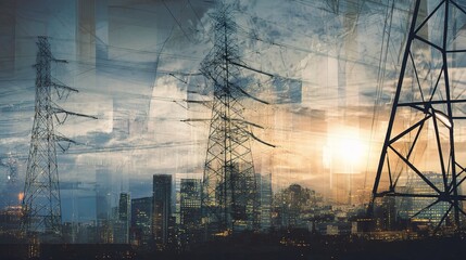 Poster - Abstract Power Collage with Double Exposure of City and Landscape